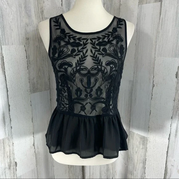 Forever 21 Black Sheer Mesh Embroidered Peplum Ruffle Sleeveless Blouse Top M - Picture 1 of 9